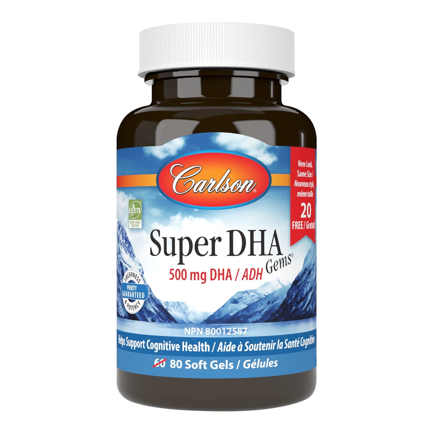 Carlson Super DHA Gems 500 mg Softgels, 60 + 20 Softgels, 2-Pack