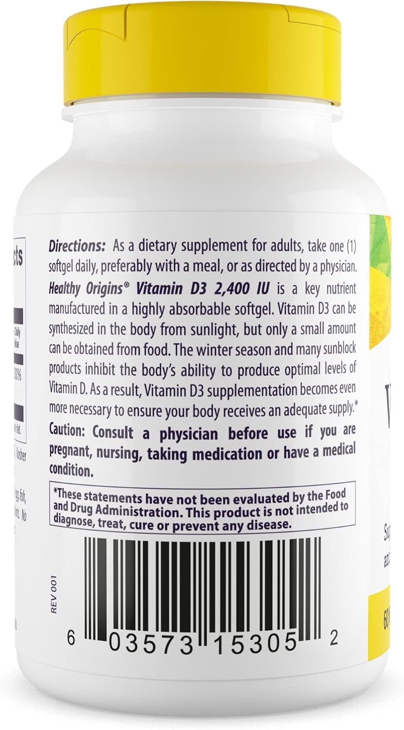 Healthy Origins Vitamin D3 2,400 Lulanolin Gels Softgels, 120 Count