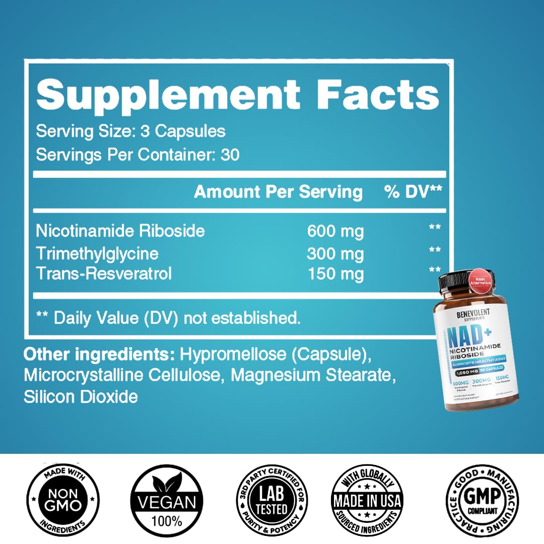 Benevolent Nourishment NAD+ Supplement for Women & Men 1050mg per Serving Capsule 90 Count