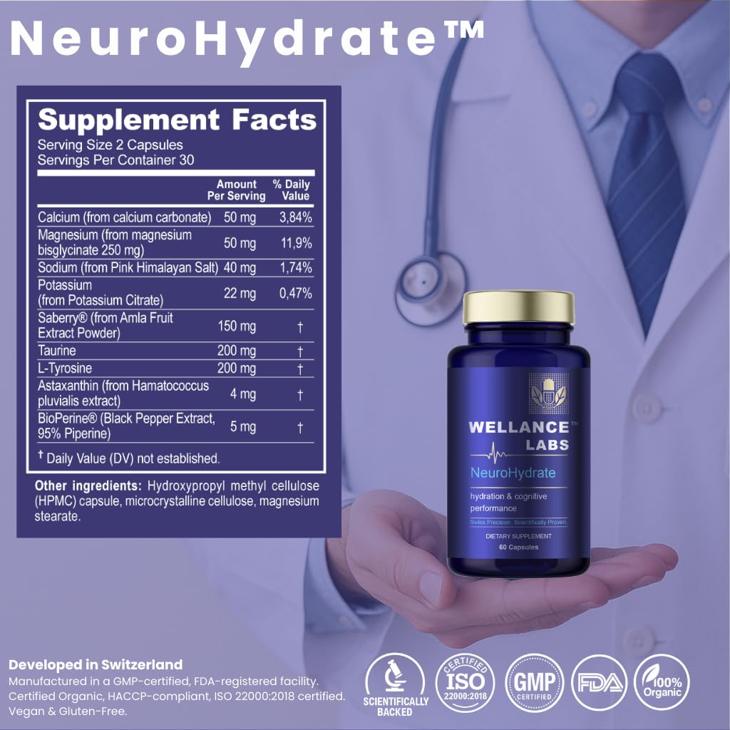 Wellance Labs NeuroHydrate Cognitive Performance & Hydration Supplement with Electrolytes, Amla & Astaxanthin 60 Capsules