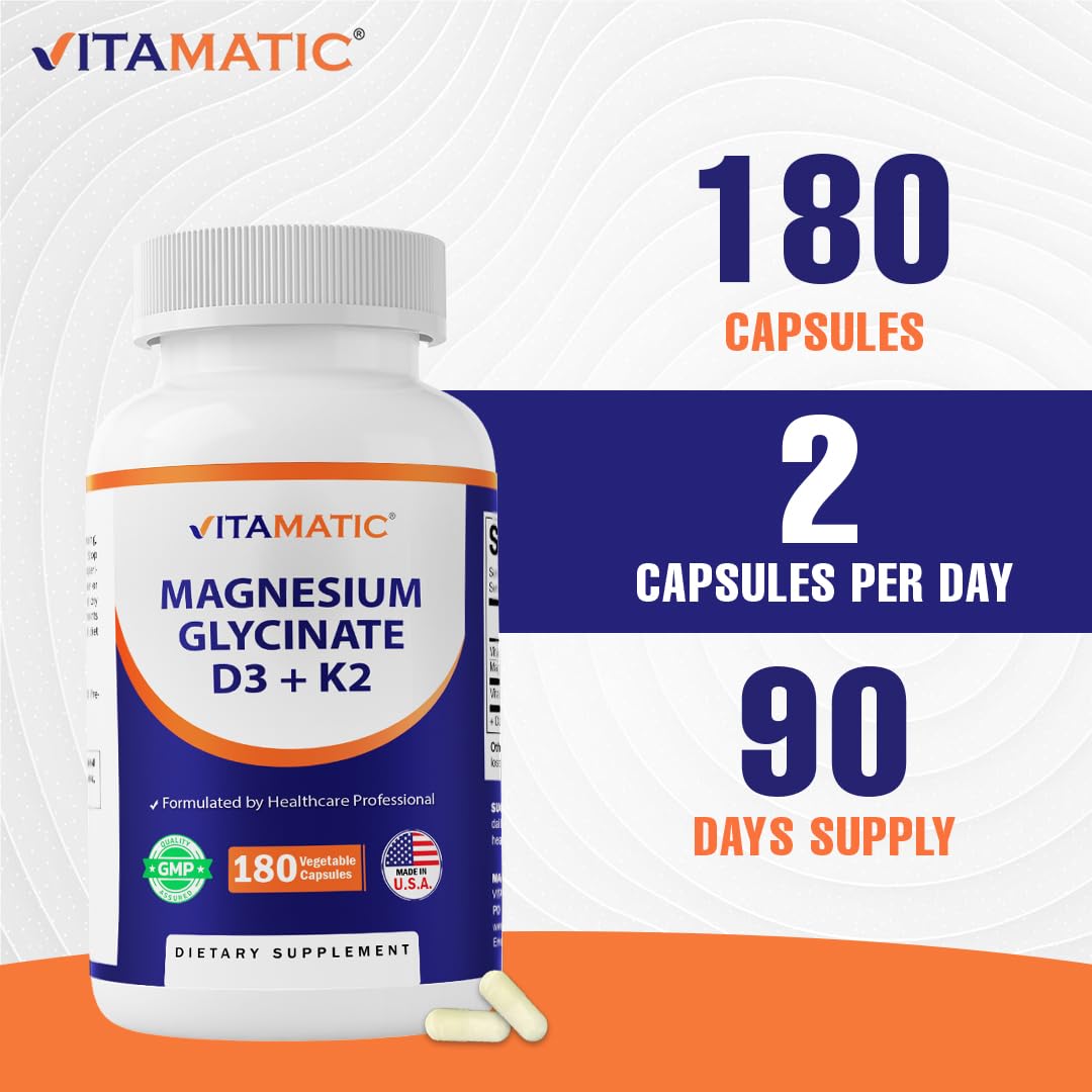 Vitamatic Magnesium Glycinate 200 mg (Elemental) with Vitamin D3 5000 IU & K2 200 mcg Capsules, 180 Count