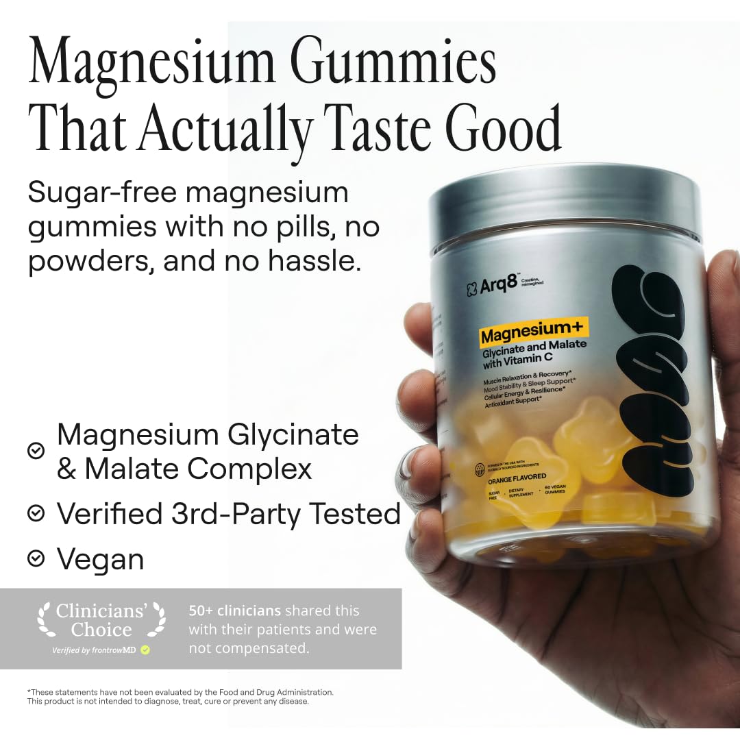 ARQ8 LONGEVITY Magnesium Gummies 200 mg per Serving, Magnesium Glycinate & Malate with Vitamin C, Sugar-Free, Vegan, for Men & Women, 60 Gummies