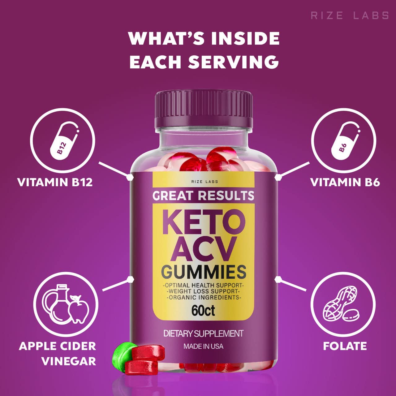 Rize Labs Great Results Keto ACV Gummies, Advanced Apple Cider Vinegar, 180 Gummies