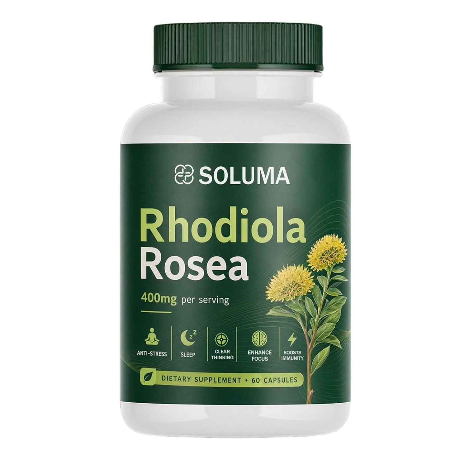 Soluma Rhodiola Rosea Organic Natural Adaptogen Supplement with Bioperine Energy, Stress and Mental Focus Support Capsule 1