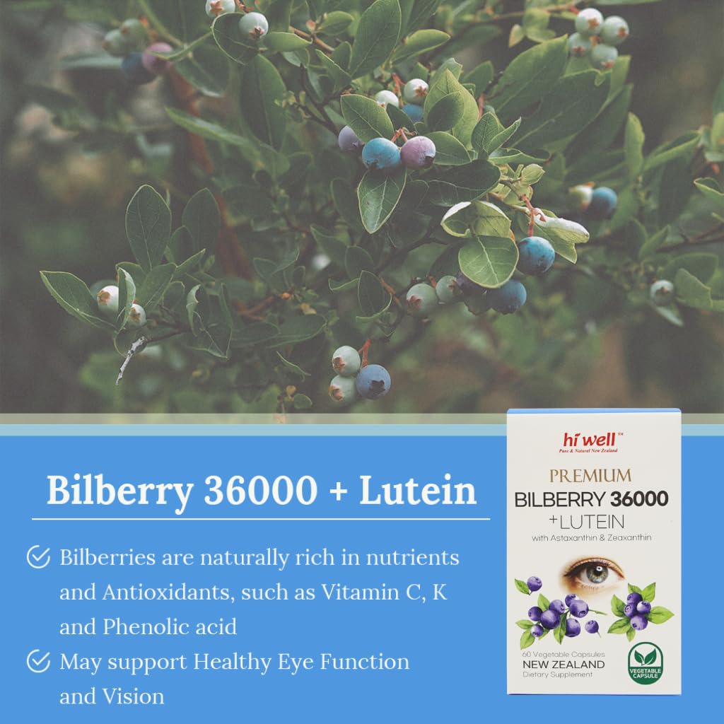 Hi Well Pure & Natural New Zealand Premium Bilberry 36000 + Lutein 12mg Capsules, 60 Count