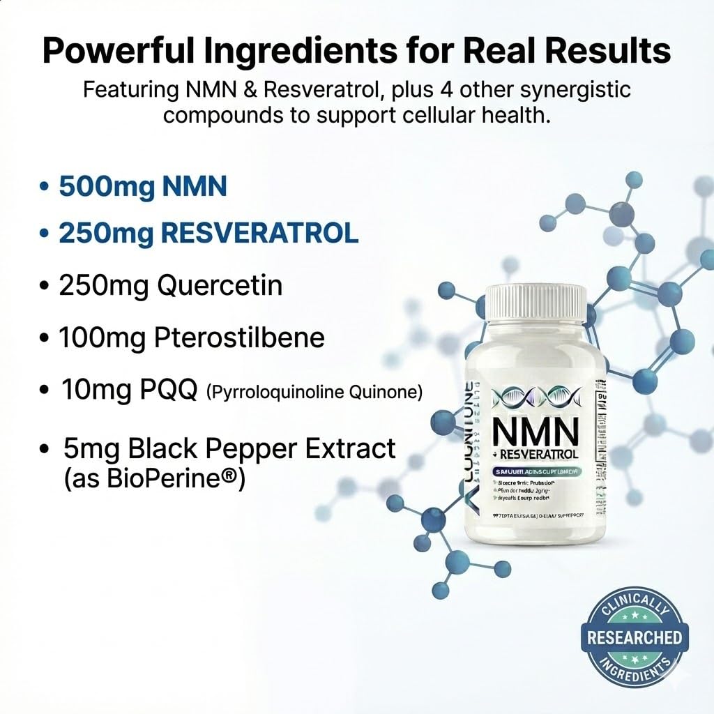 CogniTune NMN Supplement with Resveratrol, Quercetin & PQQ, 1115mg, 60 Capsules