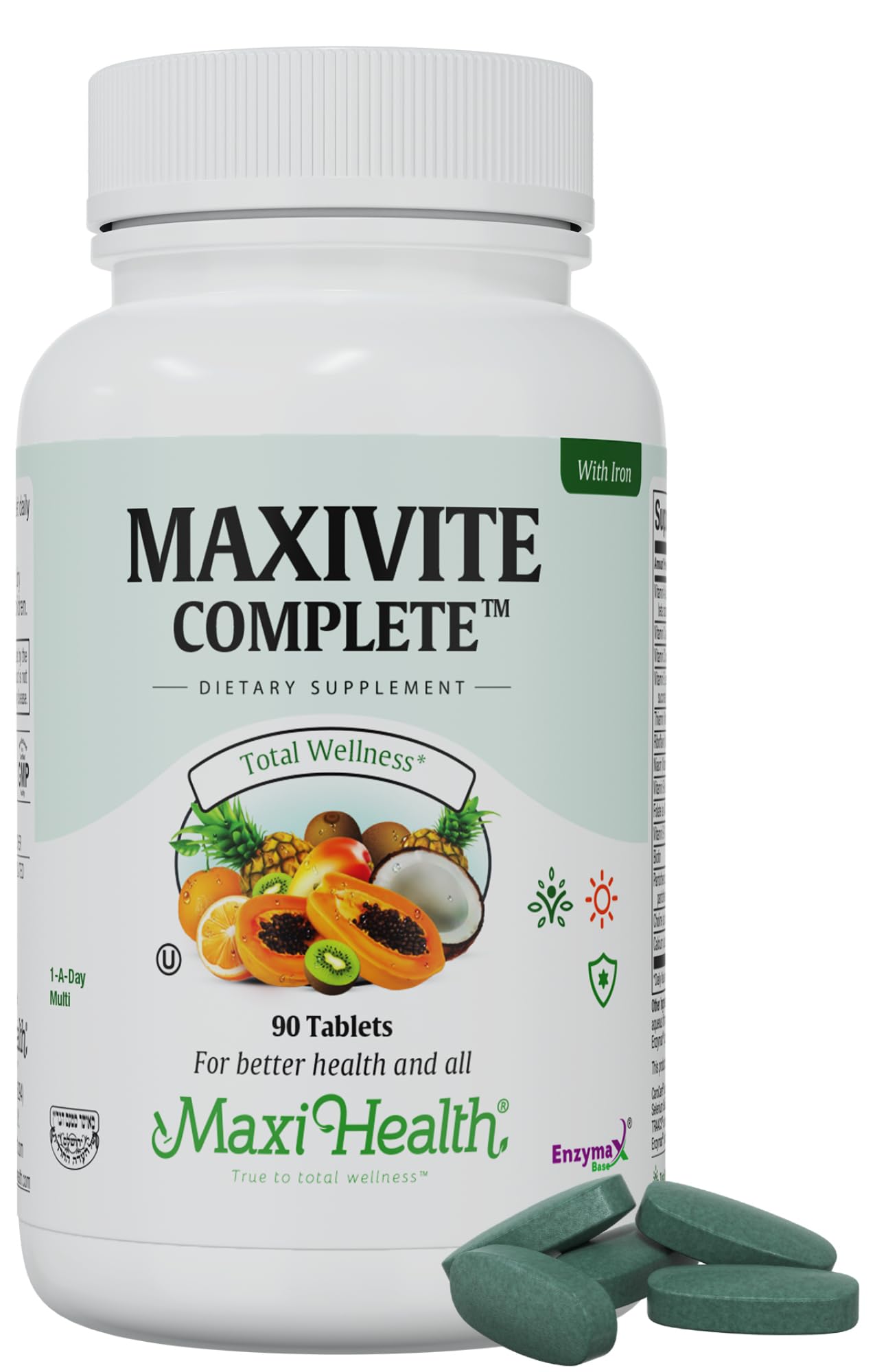 Maxi Health Complete Once Daily Multivitamin for Men & Women with Iron, Vitamin A, B1, B2, B3, B6, B12, C, D3, E, Zinc, 90 Tablets