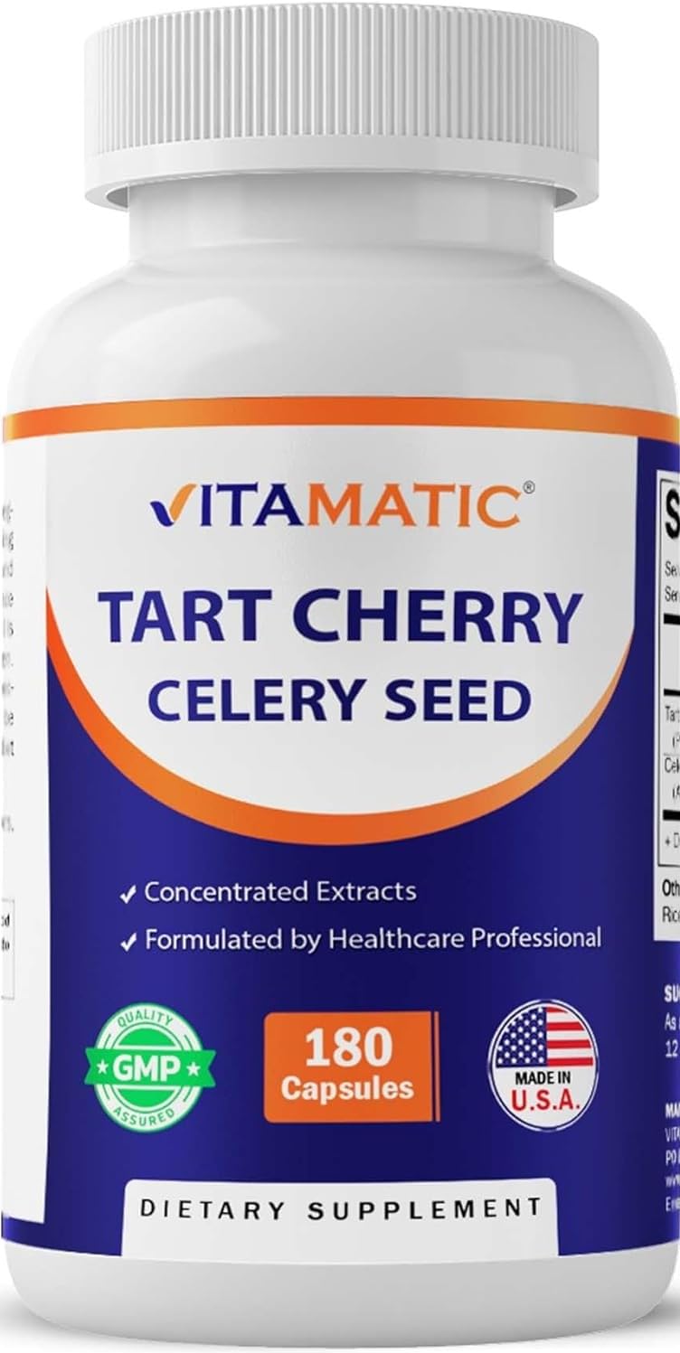 Vitamatic Tart Cherry 20X Extract with Celery Seed 10X Concentrated Extracts Veg Capsules 180 Count