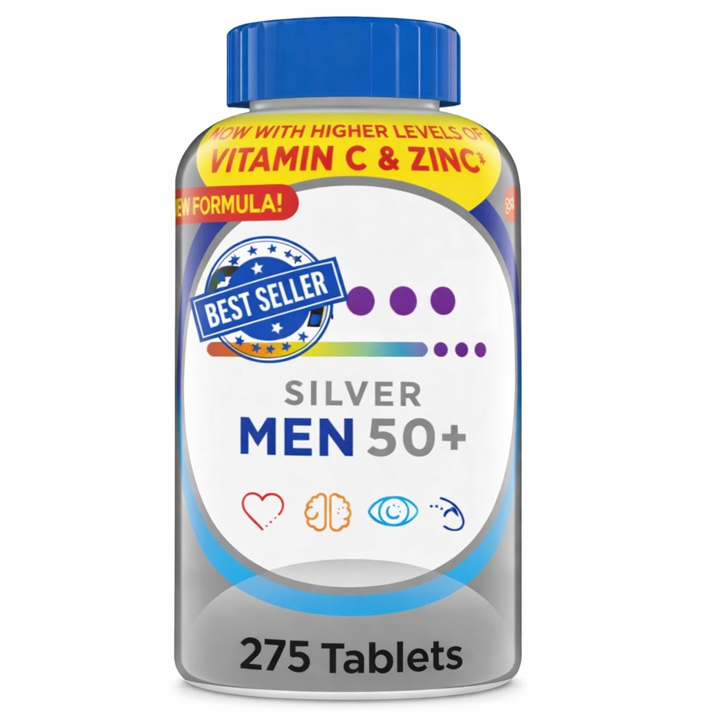 Generic Silver Men’s 50+ Plus Daily Multivitamin – Multimineral Supplement with Vitamin D3, Zinc, B Vitamins & Antioxidants, Supports Heart, Muscle & Immune Health, 275 Capsules