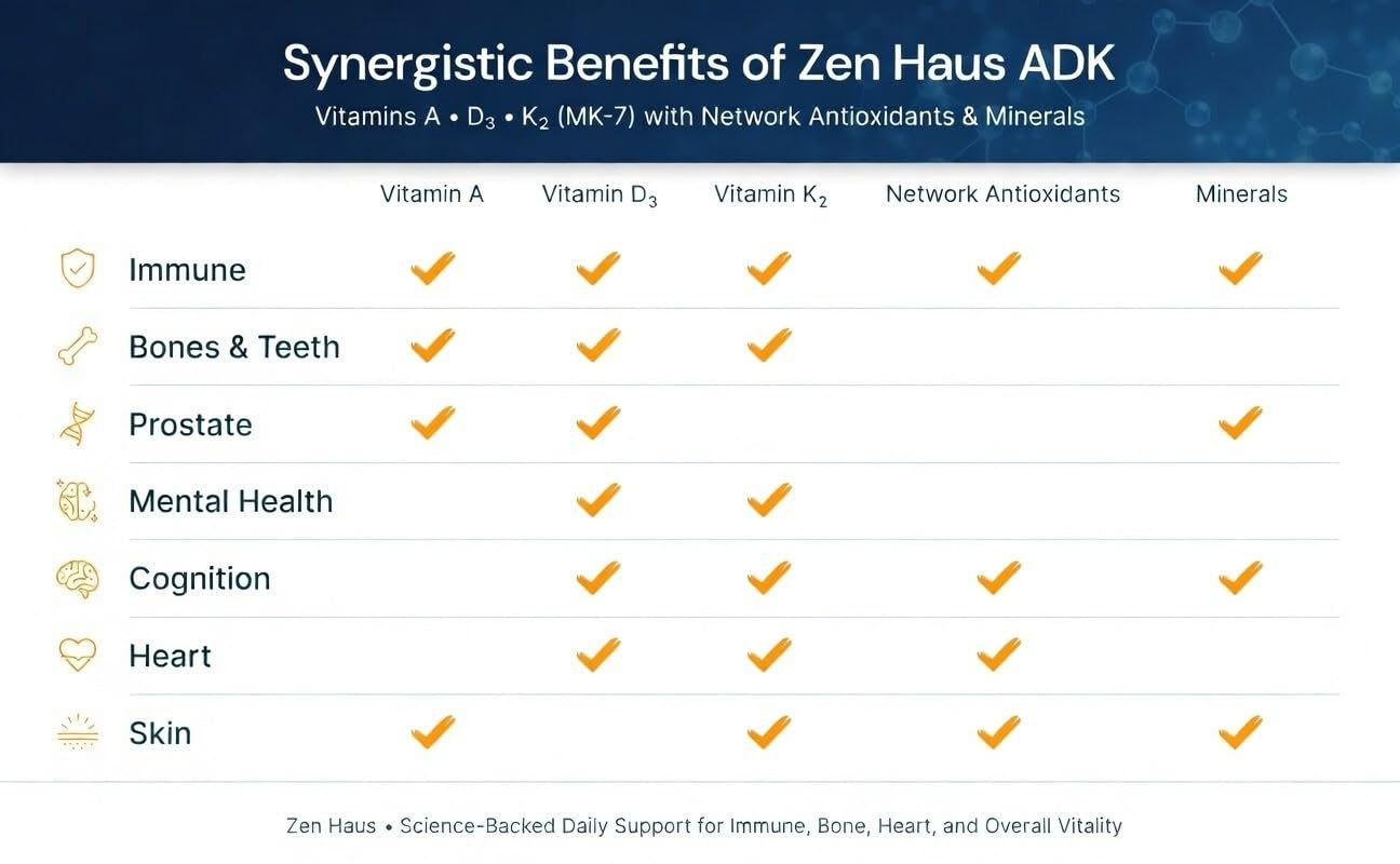 Zen Haus ADK Vitamin Supplement with A, D3, K2 (MK-7 Non-Soy) and E with CoQ10, Boron & Alpha Lipoic Acid Capsules - 100 Count