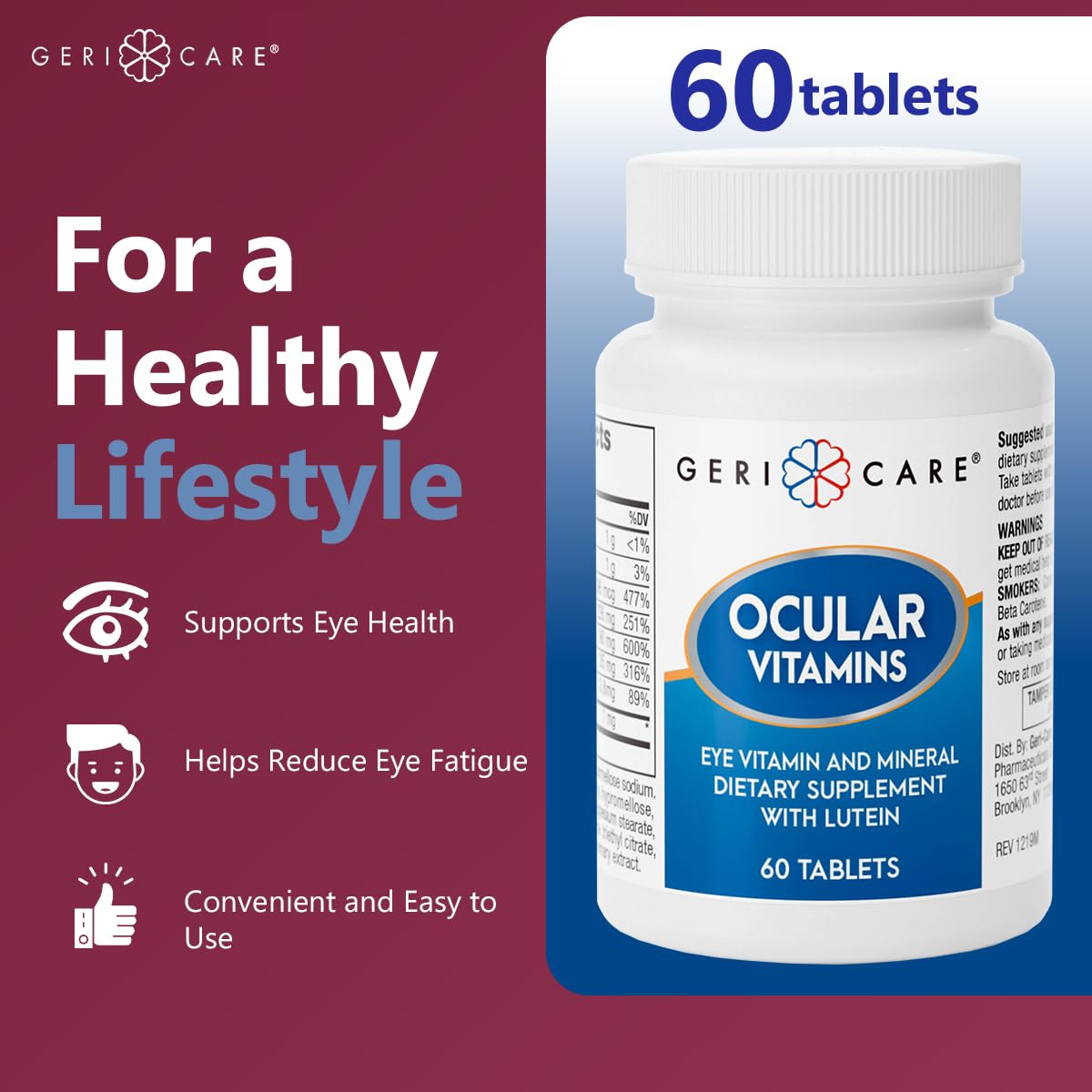 GeriCare Ocular Vitamins, Eye Vitamins and Minerals with Lutein Tablets, 60 Count