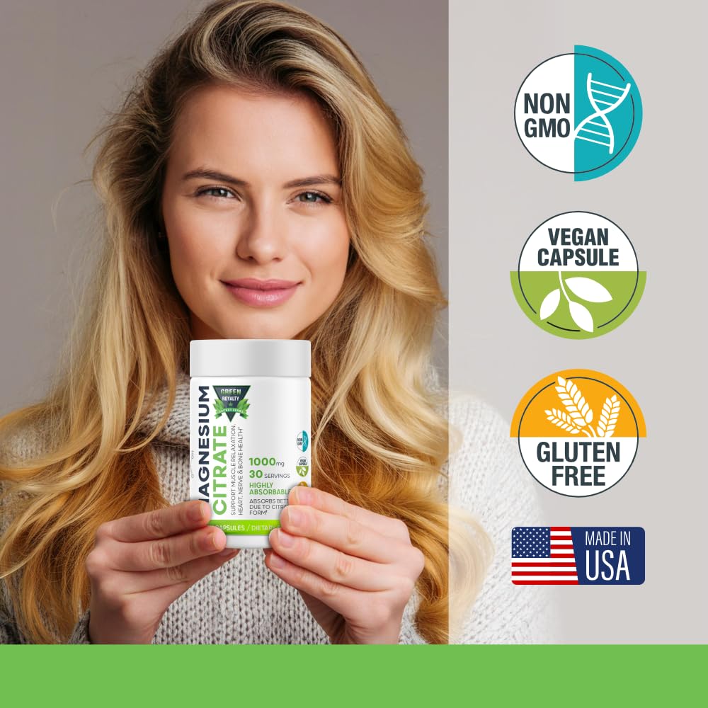 GREEN ROYALTY Magnesium Citrate 1000mg Vegan Capsules, 60 Count