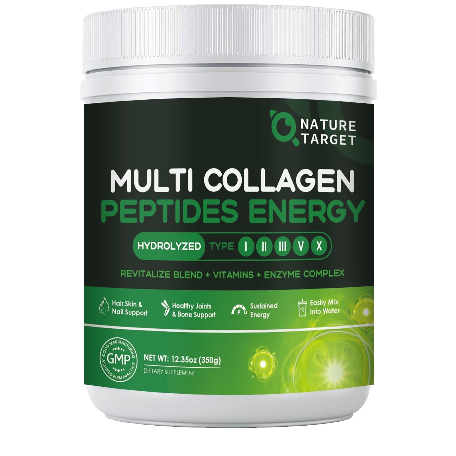 NATURE TARGET Collagen Powder for Women, Multi Collagen Peptides with Multivitamin & Digestive Enzyme Energy Blend, Supports Skin Hair, Nail & Joint, Powder, 12.35 Ounce