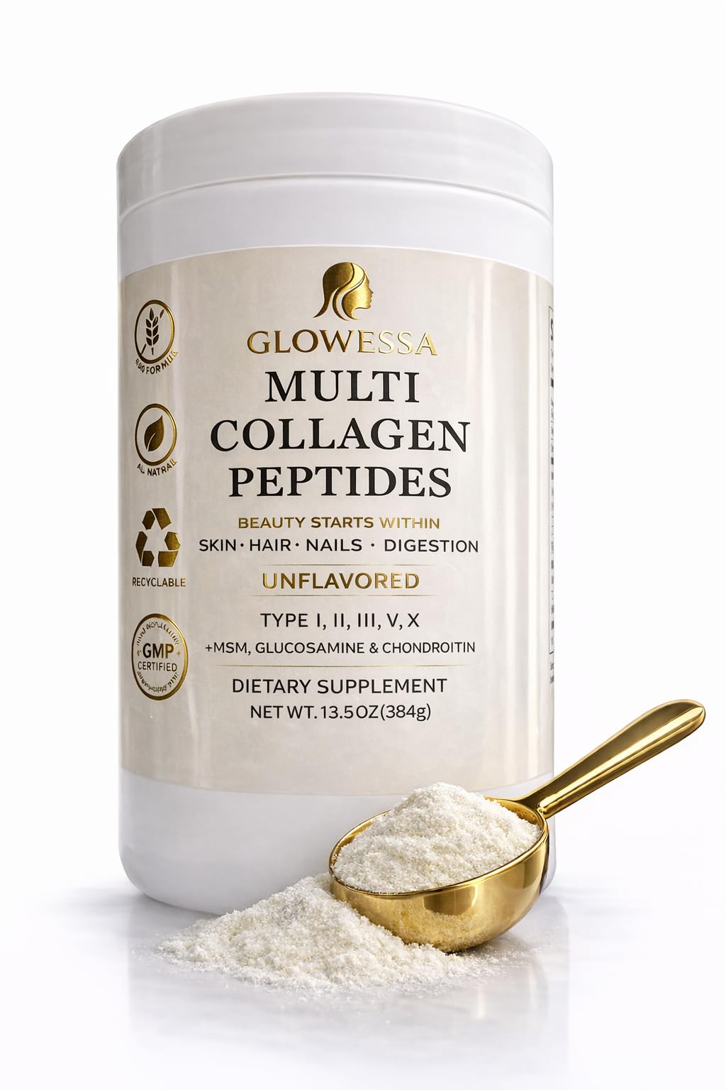 Glowessa Multi Collagen Peptides Powder – Types I, II, III, V & X – Hydrolyzed Collagen Supplement for Hair, Skin, Nails & Joint Support – Unflavored – 13.55 oz