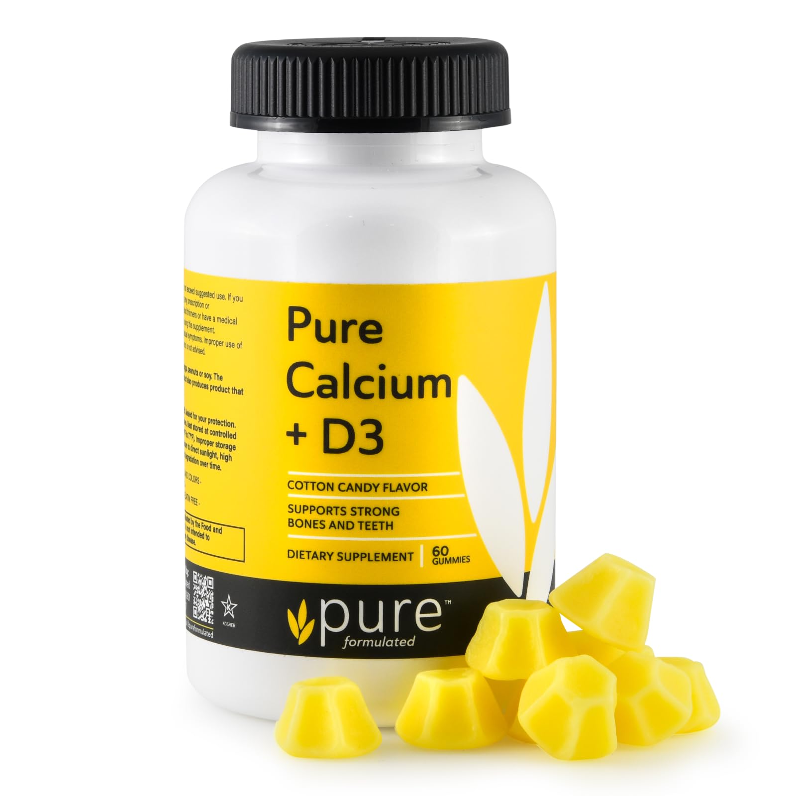 Pure Formulated Vegan Calcium with Vitamin D3 1000 IU, Strong Bones & Teeth Support, Gummy Chewable, 60 Gummies