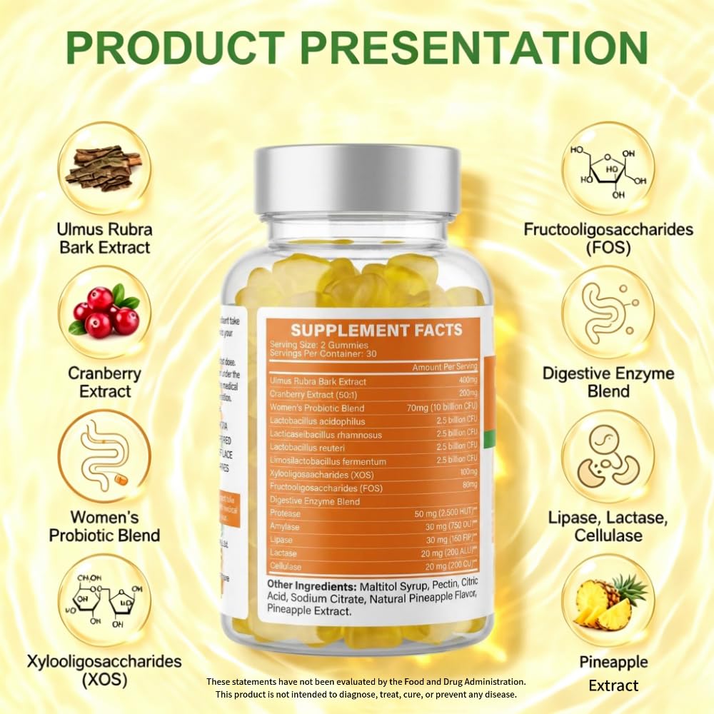 HNSUPP Women Probiotic Gummies Sugar Free Tropical Pineapple Chew, 60 Count