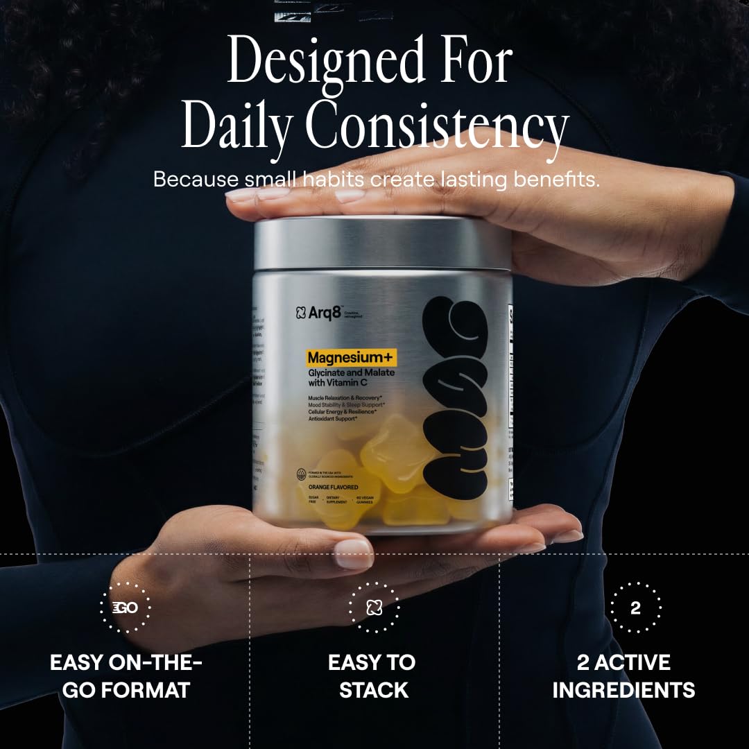 ARQ8 LONGEVITY Magnesium Gummies 200 mg per Serving, Magnesium Glycinate & Malate with Vitamin C, Sugar-Free, Vegan, for Men & Women, 60 Gummies