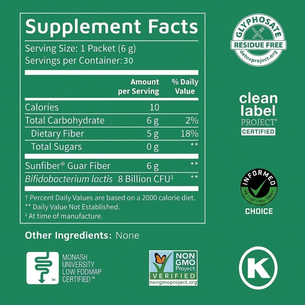 Tomorrow's Nutrition Sunfiber GI, Prebiotic Fiber & Probiotic Blend, 5g Prebiotic Fiber & 8 Billion Probiotics Per Serving, Low FODMAP, Powder, 30 Packets