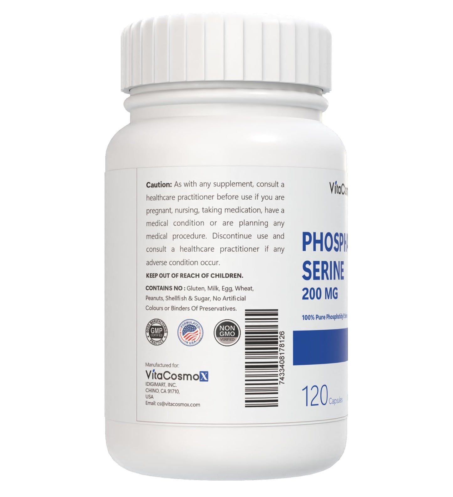 VitaCosmoX Phosphatidylserine, 200 mg Veggie Capsules, 120 Count