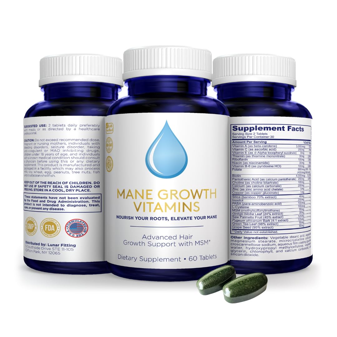 Mane Growth Hair Vitamins - All Natural MSM Biotin Vitamins for Women & Men - Supports Healthy Hair Growth - 60 Tablets
