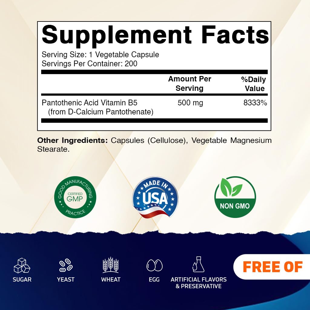 Vitamatic Pantothenic Acid (Vitamin B5) 500 mg Capsule, 200 Count