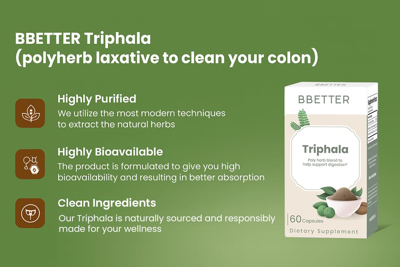 BBETTER Triphala Ayurvedic Herbal Supplement with Amla, Haritaki & Bibhitaki Capsules, 180 Count
