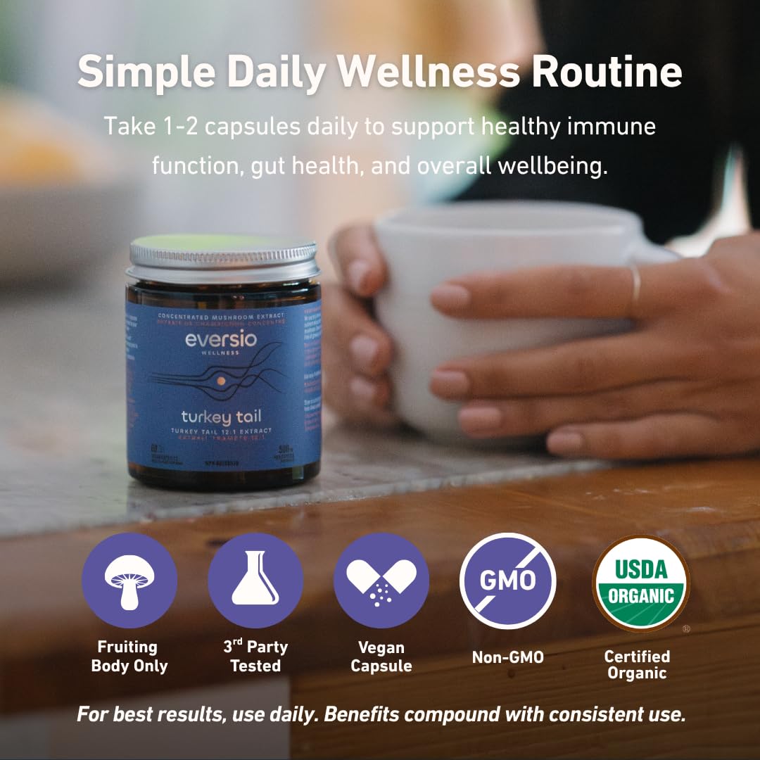 Eversio Wellness Organic Turkey Tail Capsules 12:1 Extract, 45% Beta Glucans Fruiting Body Mushroom Supplement for Immune Support, 60 Capsules
