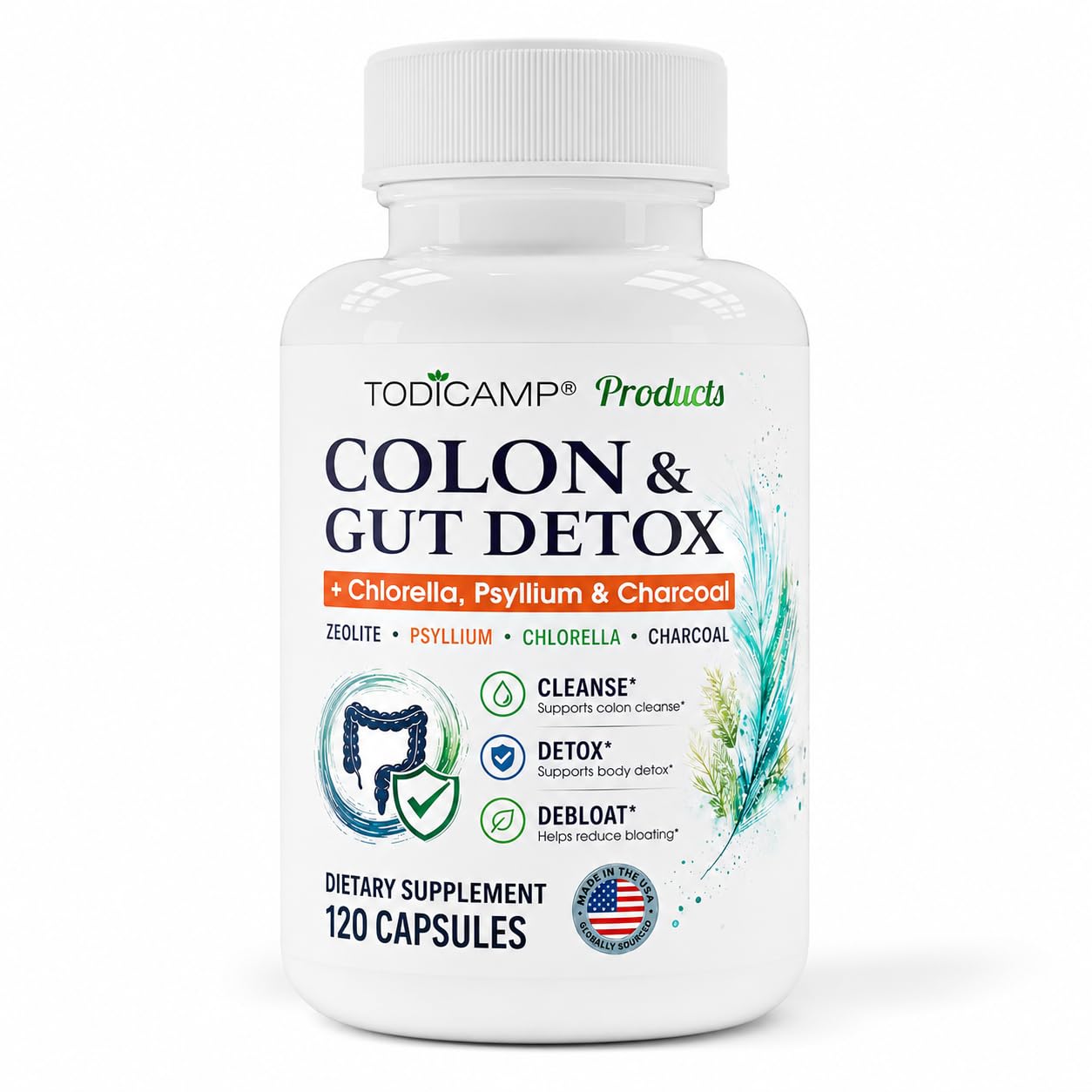 TODICAMP SORBOLIT Colon Cleanse Formula + Debloat - Zeolite Detox, Chlorella, Activated Charcoal & Psyllium Husk Fiber for Gut Health, Gut Cleanse, Colon Detox & Digestive Balance – 120 Vegan Capsules