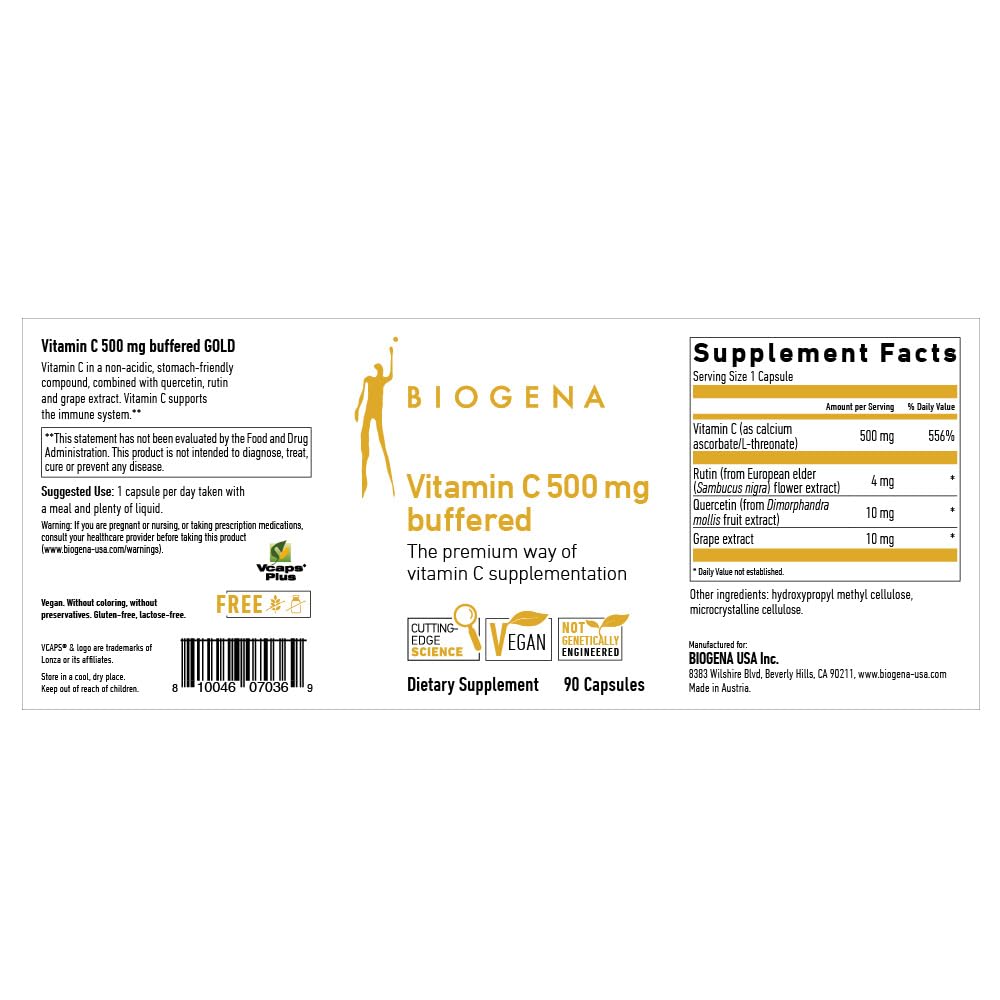 BIOGENA Vitamin C 500 mg Buffered Gold Capsules, 90 Capsules