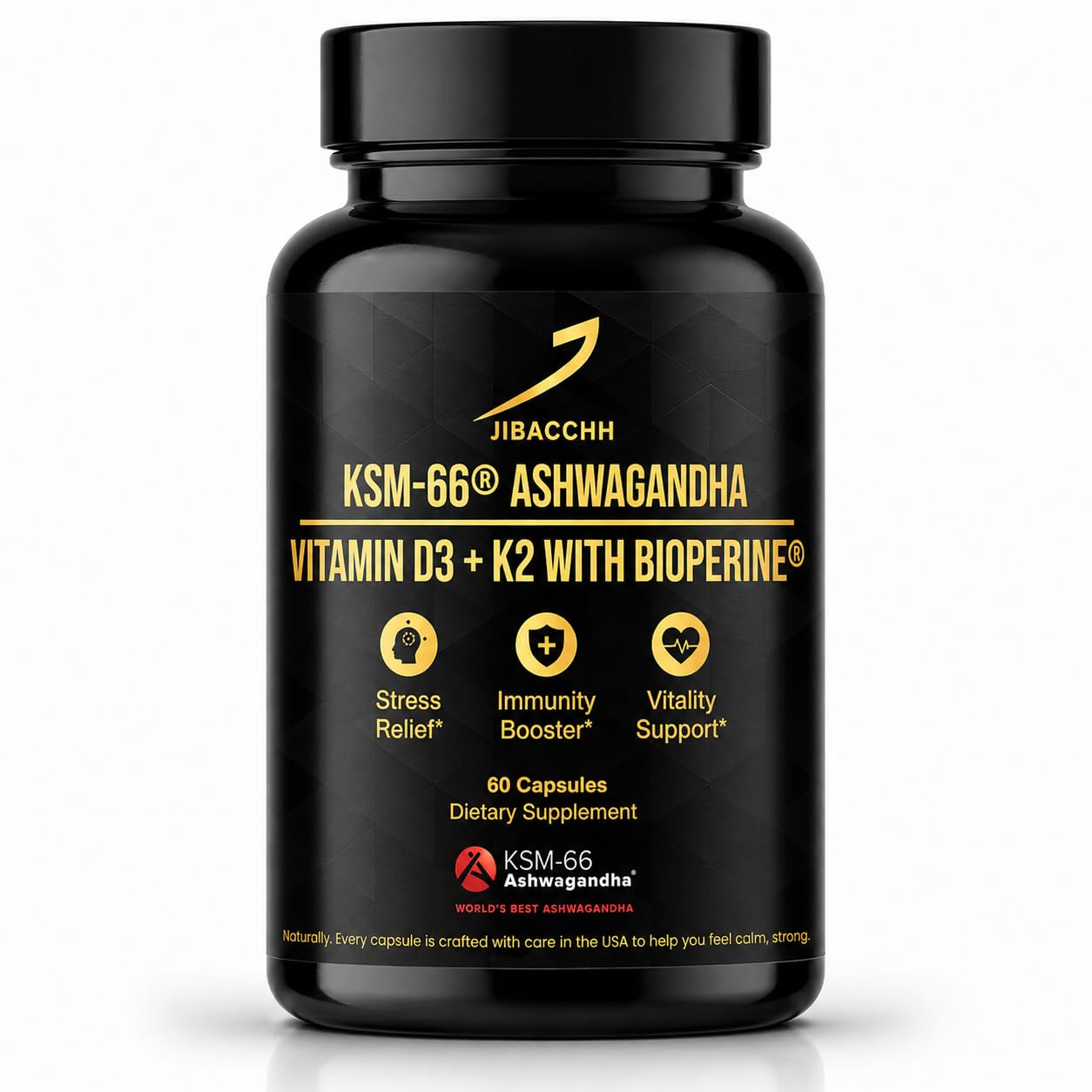 Jibacchh KSM-66 Ashwagandha Supplement 600 mg with Vitamin D3 5000 IU & K2 MK-7, BioPerine for Absorption, 4-in-1 Stress Support, Mood & Immune Health, Capsules, 60 Count
