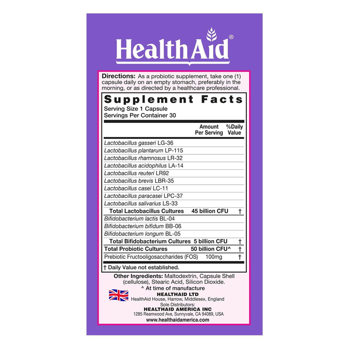 HealthAid Women's Probiotic 50 Billion CFU + Prebiotic Capsule, 30 Count