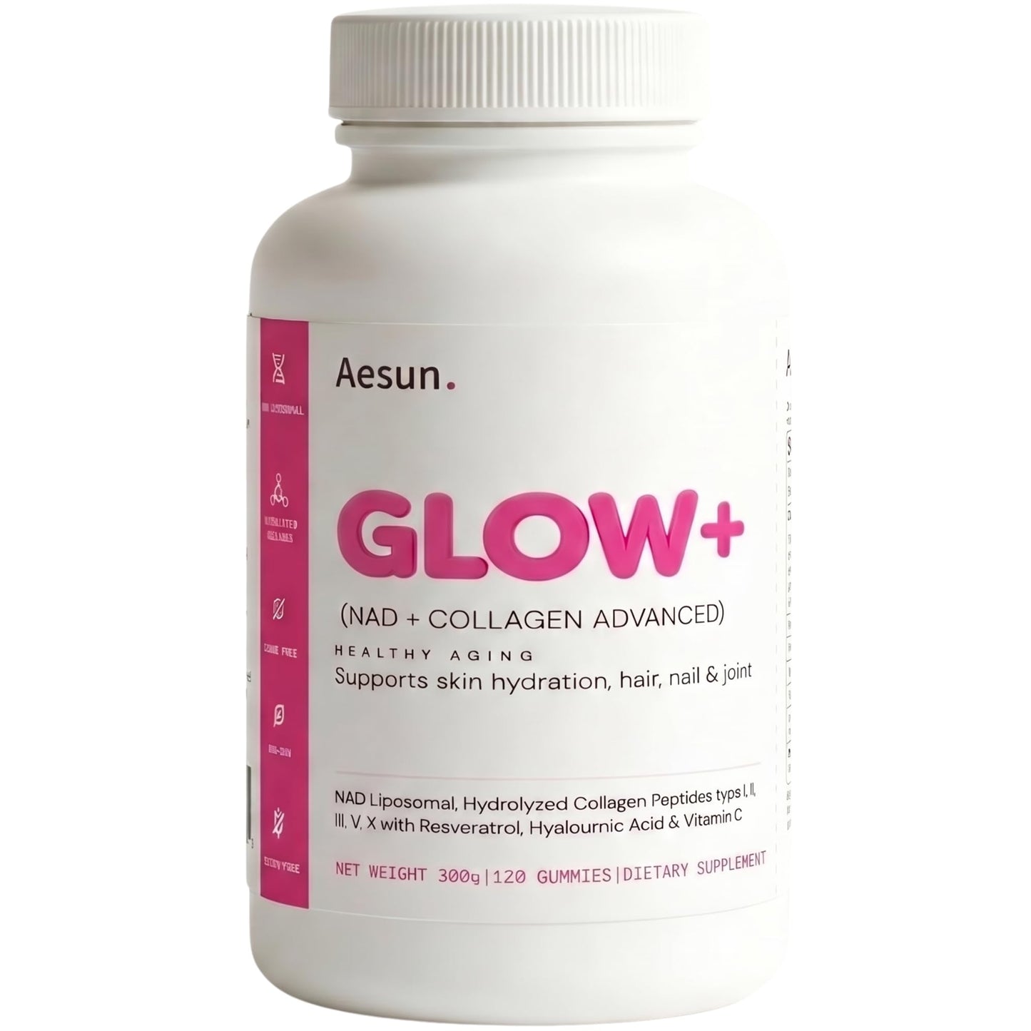 AESUN Glow+ NAD+ Hydrolyzed Collagen Advanced Gummies with Resveratrol & Hyaluronic Acid for Skin, Hair & Nails, Peach Flavor, 120 Gummies
