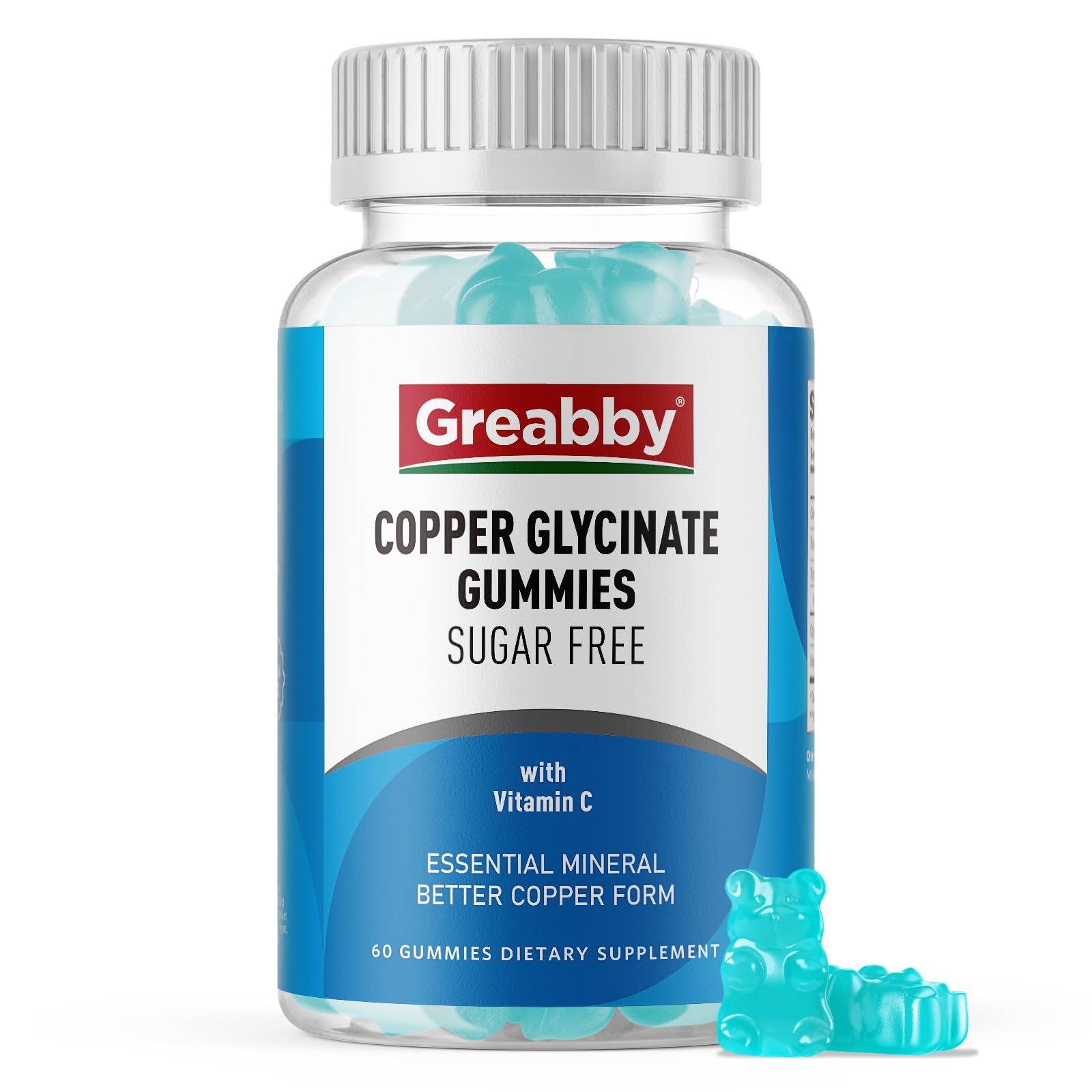 GREABBY Chelated Copper Glycinate Gummies, 2mg Copper with Vitamin C, Sugar Free, 60 Gummies