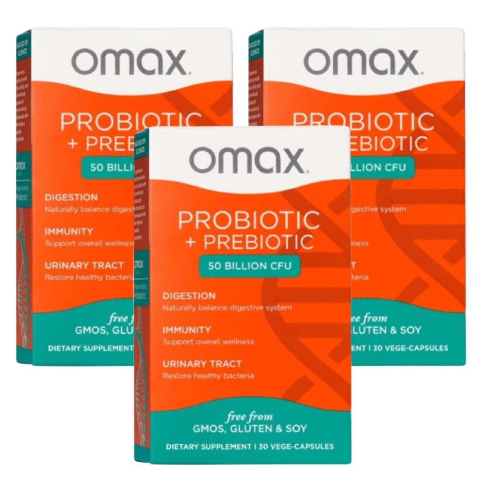 Omax3 Probiotic & Prebiotic 50B CFU for Gut Health & Digestive Support, 90 Capsules