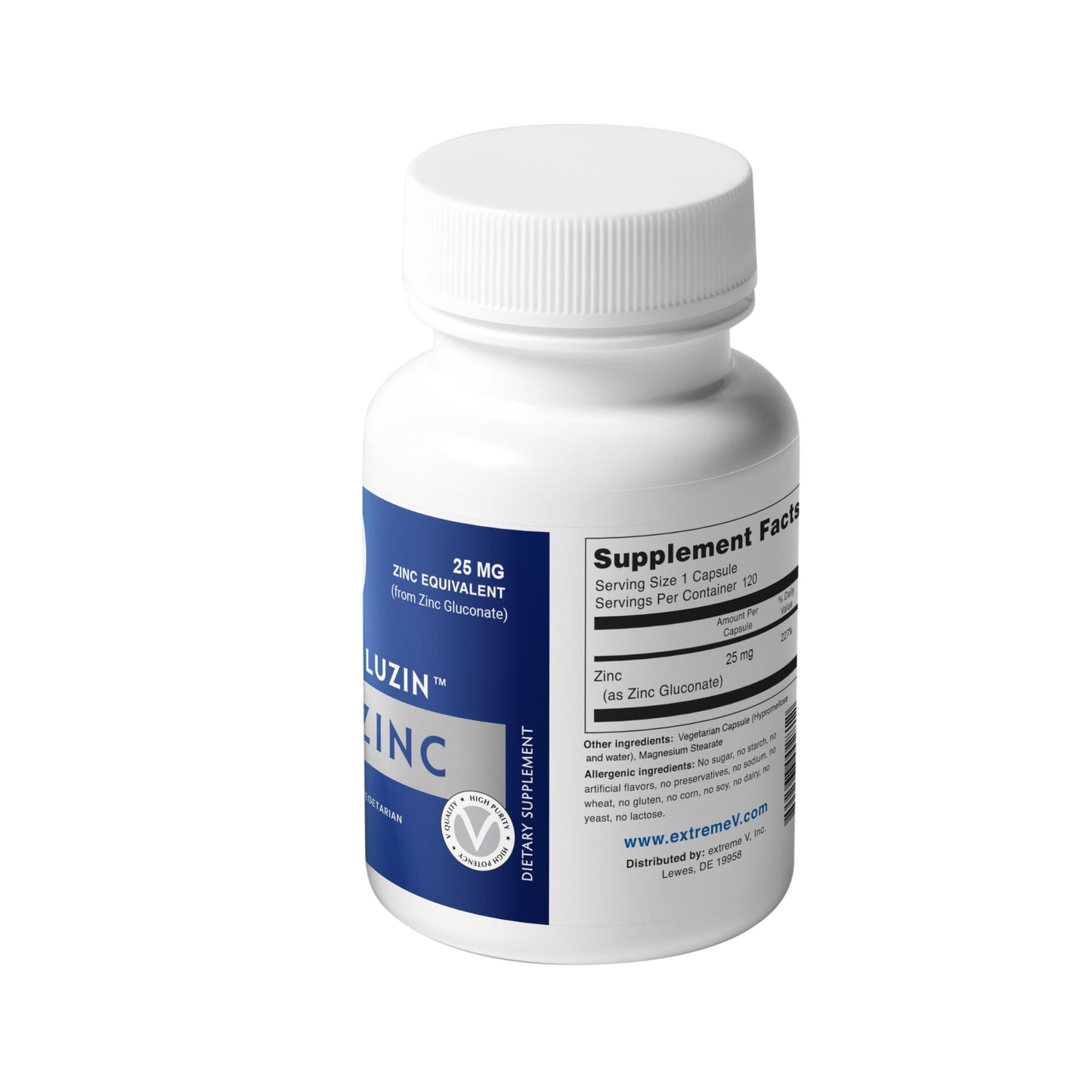 Extreme V Zinc MG25 Zinc Gluconate 25mg Veggie Capsules, 360 Capsules