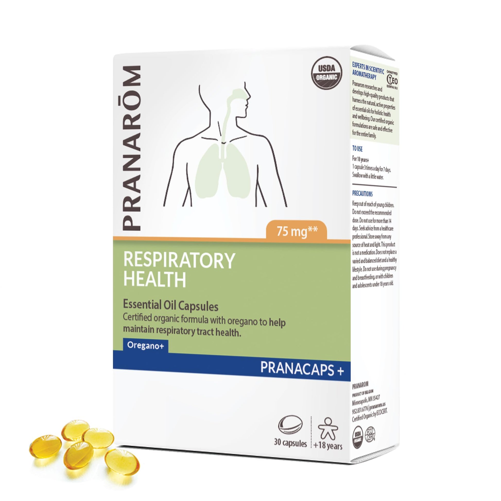 Pranarom Respiratory Health Pranacaps with Oregano & Lemon Essential Oil, 30 Capsules