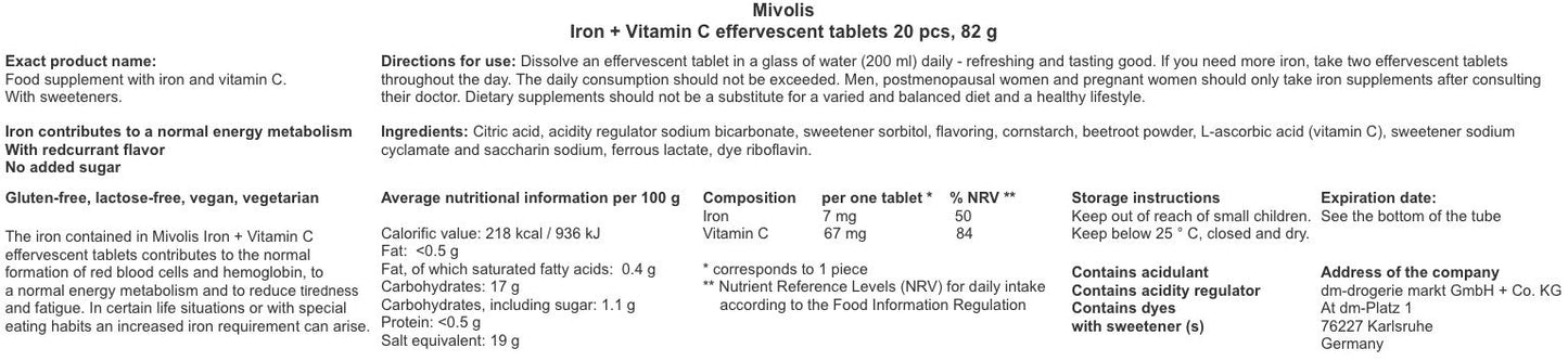 Mivolis Iron + Vitamin C Effervescent Tablets, 80 Tablets