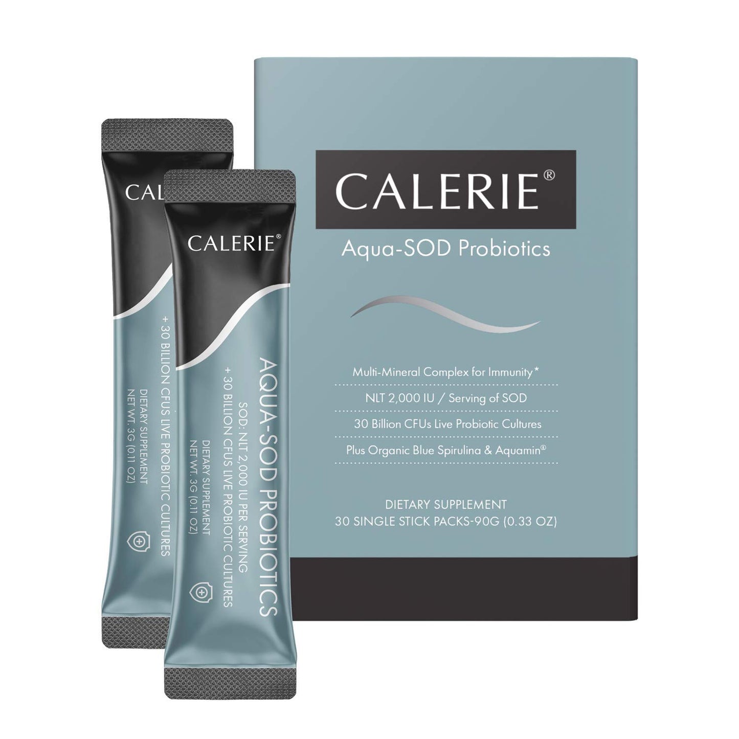 Calerie Aqua-SOD Probiotics Powder – NLT 2,000IU Per Serving, Multi-Mineral Complex for Immunity, Health for Better Vitality, Anti-Aging, Plus Organic Blue Spirulina & Aquamin, Pack of 30