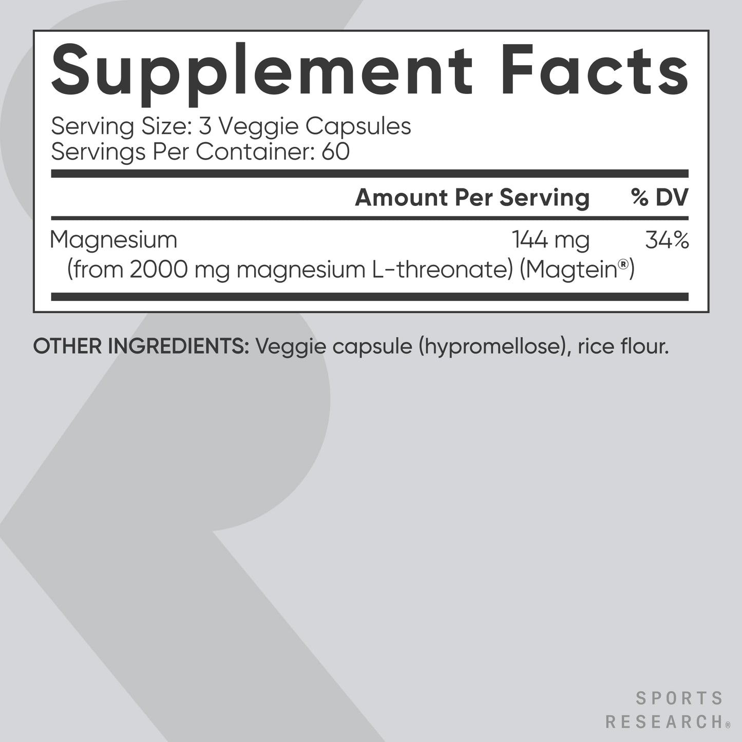 Sports Research Magnesium L-Threonate Capsules 180 Count