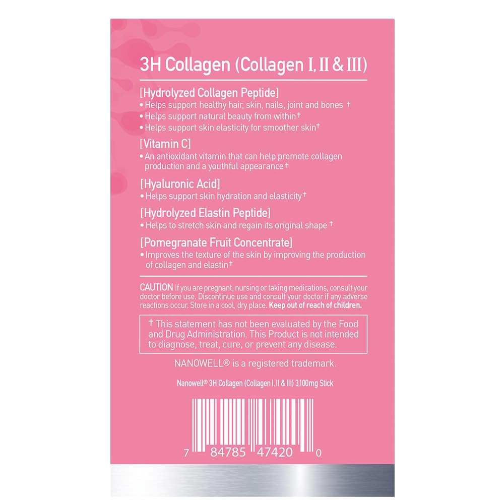 NANOWELL 3H Collagen Peptide Powder - Types I, II, & III with Vitamin C, Hydrolyzed Elastin Peptide & Hyaluronic Acid - Supports Hair, Skin, Nails, Joints & Bones, 60 Sticks