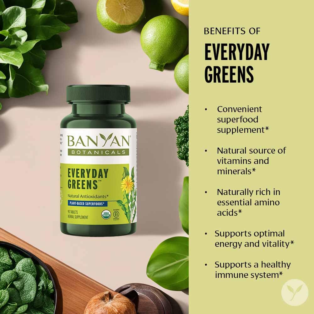 Banyan Botanicals Organic Everyday Greens Concentrated Superfood Tablets Spirulina, Wheat Grass & Alfalfa for Cellular Vitality & Antioxidant Support, 90 Tablets, USDA Organic