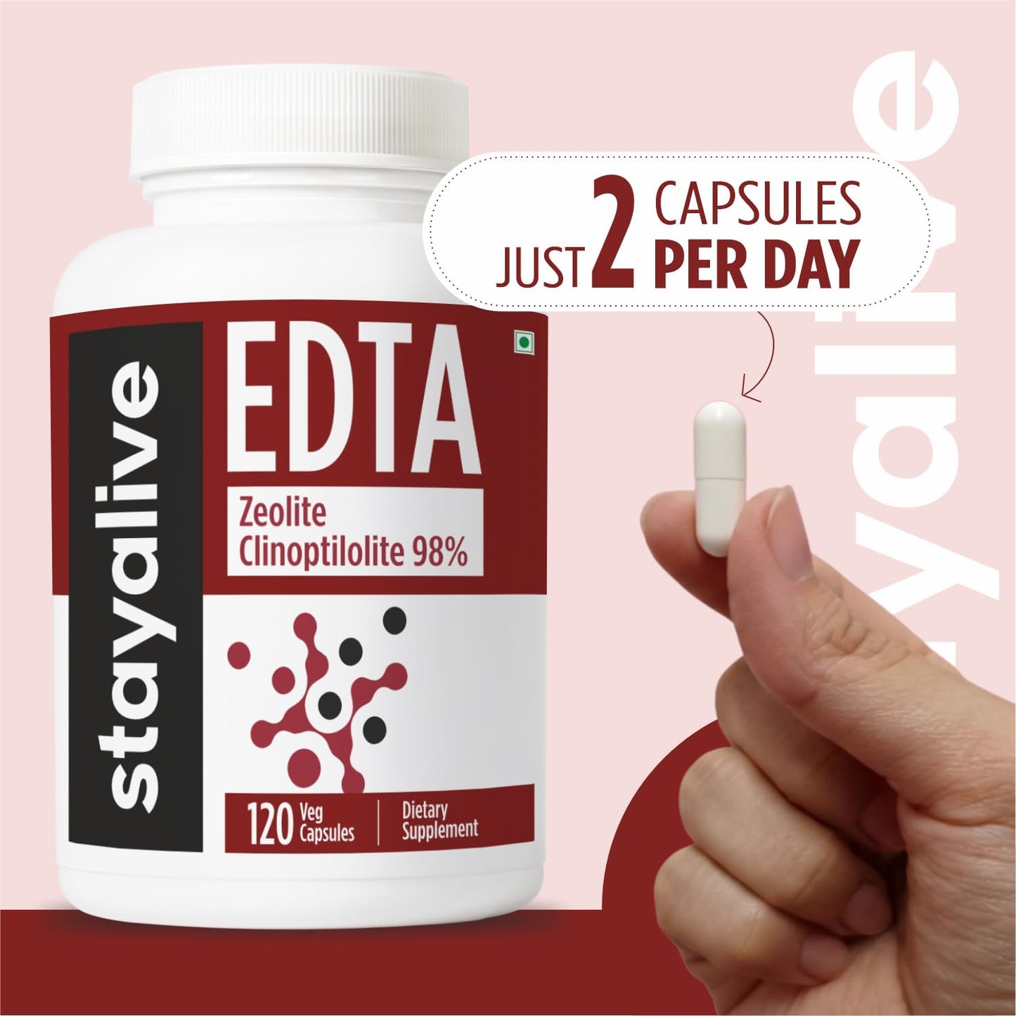 STAY ALIVE EDTA Capsules 1500mg with Zeolite 98% and Kale Extract Powder, 120 Capsules