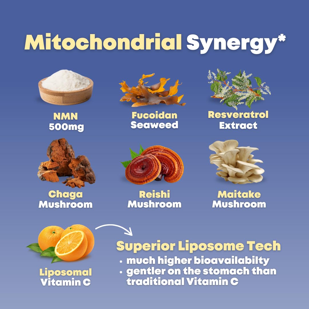 SOLNUVI NMN 500mg & Fucoidan with Trans-Resveratrol, Liposomal Vitamin C, Chaga, Reishi & Maitake Mushroom Extract - NAD+, Mitochondrial Health, 60 Capsules