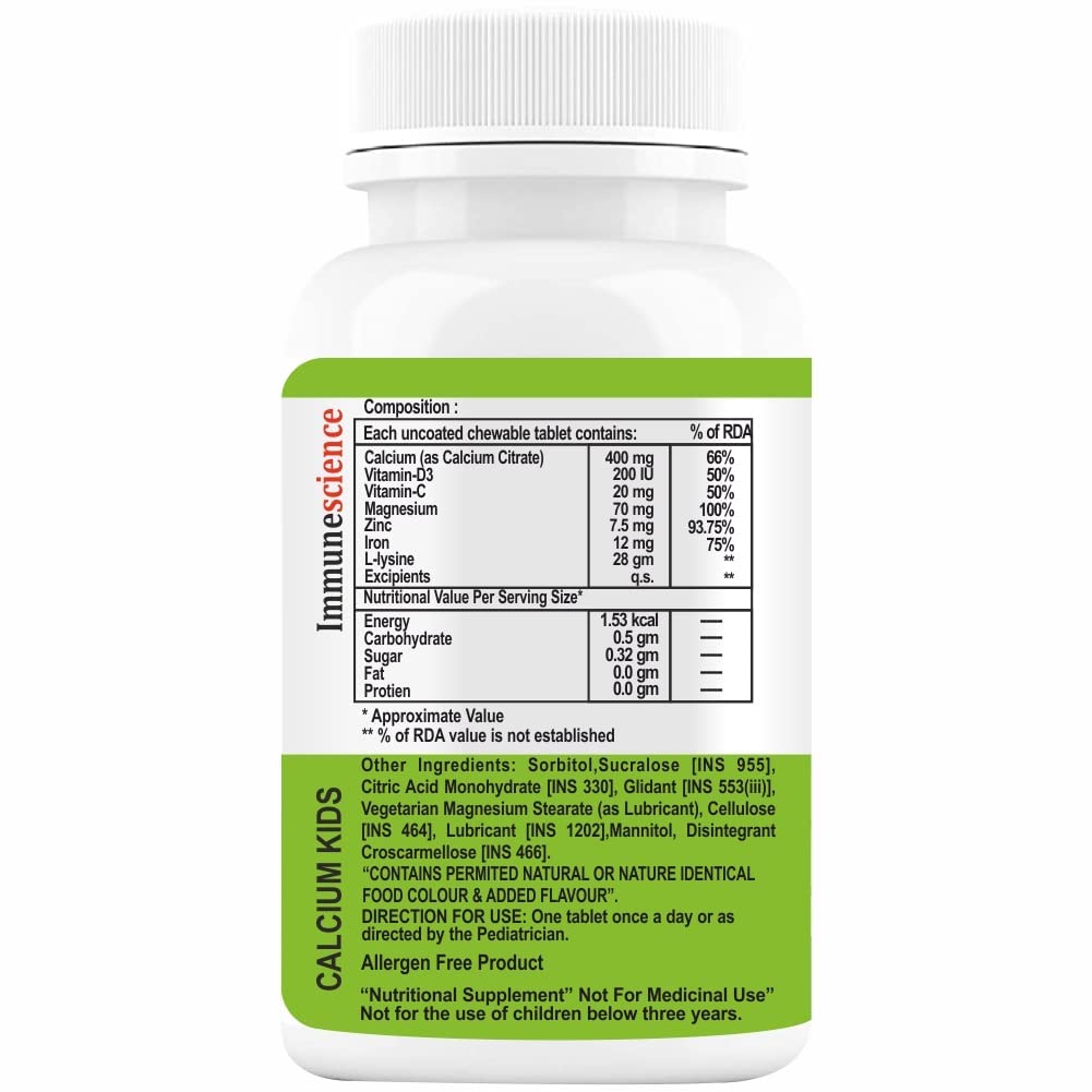 Verem Calcium for Kids with Vitamin D3, Magnesium, Zinc, Vitamin C, L-Lysine Multivitamin Tablets, 120 Count