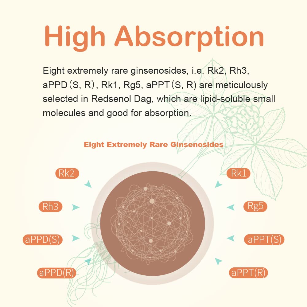 REDSENOL DAG Sublingual High-Potency Ginseng Extract Capsules with 8 Rare Ginsenosides Rk1 Rh3 Rk2, 960 Count