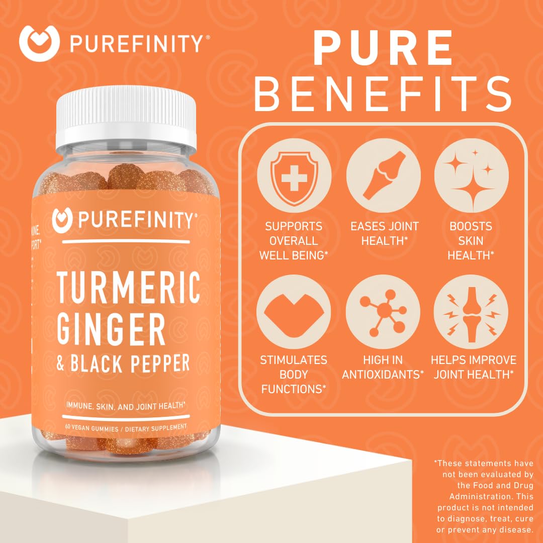 PUREFINITY Turmeric and Ginger Supplement Gummies with Black Pepper, Joint Support Curcumin Chewables, 60 Count