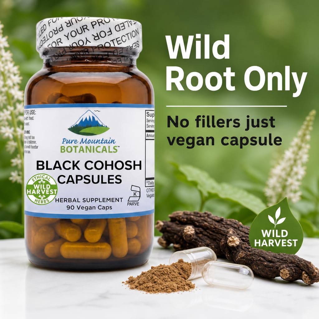 Pure Mountain Botanicals Black Cohosh Capsules 500mg - Menopause Support, 90 Capsules