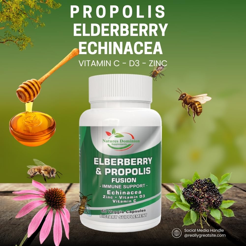 Natures Dominion Supplements Propolis Organic Elderberry Extract with Echinacea, Vitamin D3, Vitamin C and Zinc Capsule 60 Count