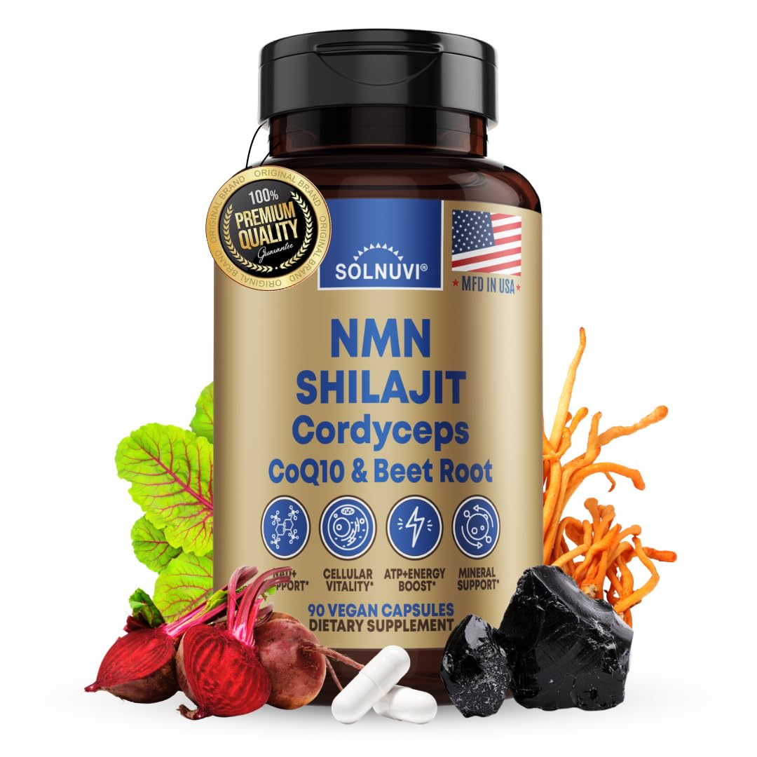 SOLNUVI NMN 500mg & Himalayan Shilajit 50% Fulvic Acid Supplement Capsule, 90 Capsules