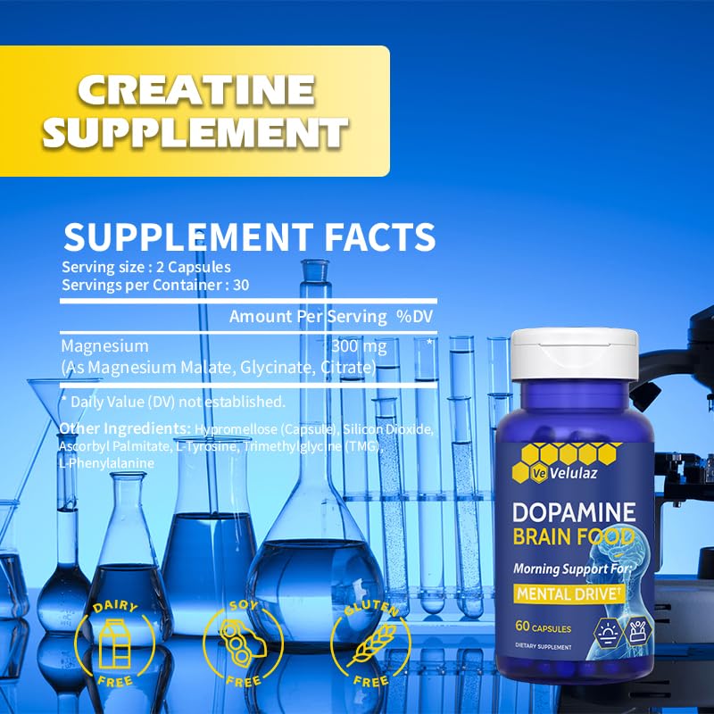 Velulaz Dopamine Brain Nutritional Supplement with Magnesium Complex for Concentration, Morning Mental Drive & Focus, Allergen-Free Mental Clarity, 60 Capsules